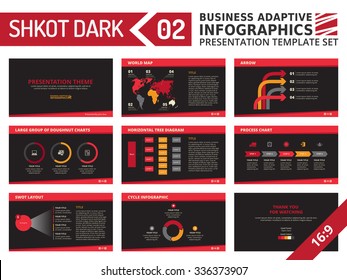 Set of editable multicolored infographic presentation template with graphs and charts on black background