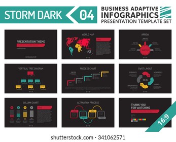Set of editable multicolored infographic presentation template with graphs and charts on black background