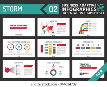 Set of editable multicolored infographic presentation template with graphs and charts on white background