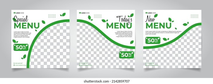 set of editable natural concept square poster template designs for food posts on social media. Suitable for post restaurant advertisements and digital culinary promotions. white and green color.