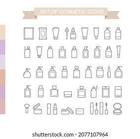 Set of editable outline icons. A set of icons for cosmetics packages. Сan be used for cosmetic, medical and other needs. Ideal for use in e-commerce, mobile, packaging and etc. EPS10.	