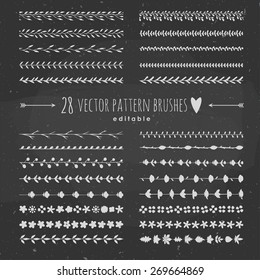 set of editable pattern brushes for illustrator, black and white design, chalkboard style