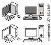 Set editable pixel computer pc vector for retro gaming streams. Ideal for symbolizing 8-bit tech interfaces, digital workspaces, and arcade style cyberspace.