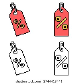 Set editable pixel discount tag vector for nostalgic e-commerce sales. Ideal for symbolizing retro gaming rewards, 8-bit price drops, and arcade style shopping deals.
