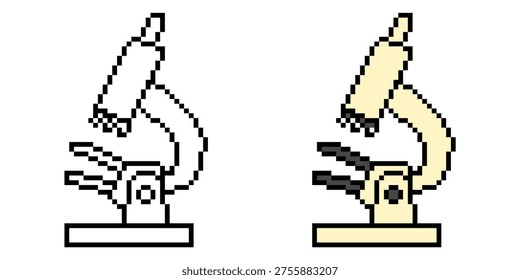 Set editable pixel microscope vector for retro science games. Ideal for symbolizing 8-bit digital research, arcade style laboratories, and tech.