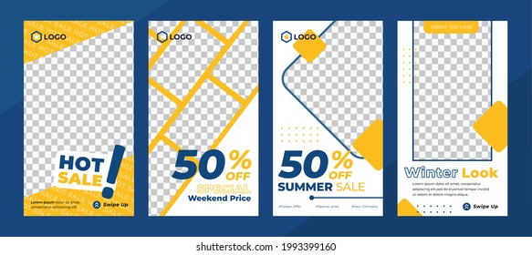 Set of editable portrait size social media template. Blue, yellow, and white background as main color. Perfect for social media stories and other media platforms