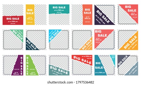 Set of editable post templates in torn paper layouts. Colorful torn paper sale templates. Torn paper banners in vector illustration.