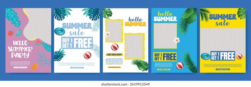 set of Editable print flyer or posters for summer sale, tropical summer beach pool party a4 size vertical poster design with tropical summer vector background bundle, summer Holiday tour poster pack