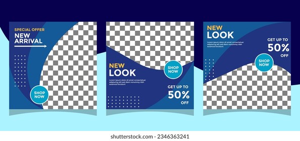 Set of editable promotion square banner template. With blue color scheme usable for social media post, banners, flyers and web ads. Vector design. 