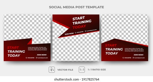 Set of Editable promotional banner design template. Gym and sport square banner with abstract red accents. Suitable for social media, flyers, banner, and web ads. Flat design vector with photo collage