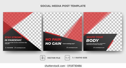 Set of Editable promotional banner design template. Gym and sport square banner with abstract red accents. Suitable for social media, flyers, banner, and web ads. Flat design vector with photo collage