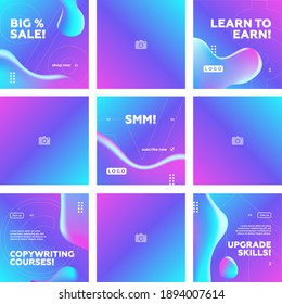 Set of Editable Purple Fluid square banner template. Endless Feed. Gradient Abstract Liquid Background. Social media, internet ads, sale marketing promo. Vector 10 EPS.