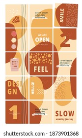 Set of editable puzzle template design for social media post. Endless square collage. Trendy layout for promotion. Mockup for blog in Ig. Boho style abstract backgrounds vector illustration