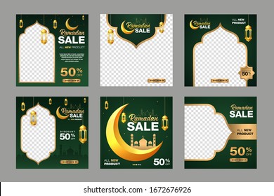 Set of Editable Ramadan sale banner template. with ornament moon, mosque, and lantern background. Suitable for social media post and web internet ads. Vector illustration with photo college