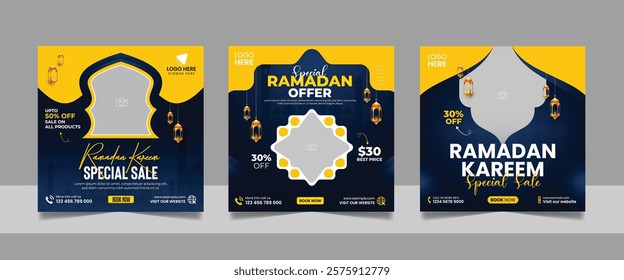 Set of Editable Ramadan special offer sale promotional social media post banner template Islamic festival square flyer design.