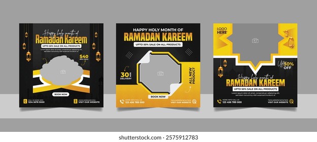 Set of Editable Ramadan special offer sale promotional social media post banner template Islamic festival square flyer design.