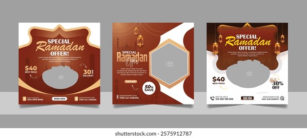 Set of Editable Ramadan special offer sale promotional social media post banner template Islamic festival square flyer design.