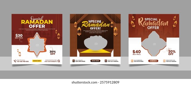 Set of Editable Ramadan special offer sale promotional social media post banner template Islamic festival square flyer design.