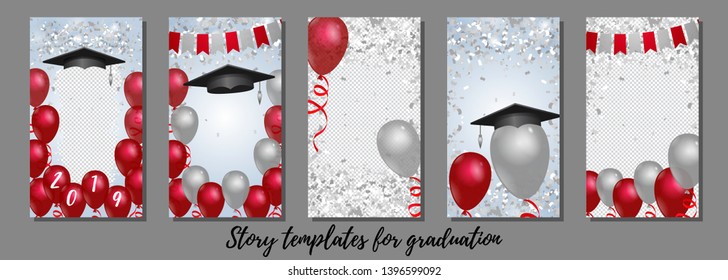 Set of editable red and silver graduation story templates for social networks. Vector design backgrounds