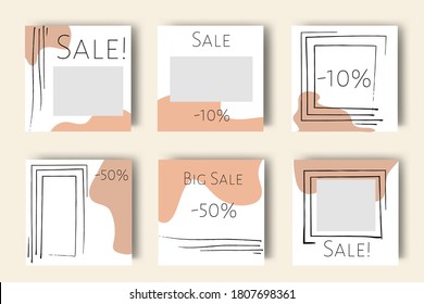 Set of editable sale post  for social media. Square templates, abstract design