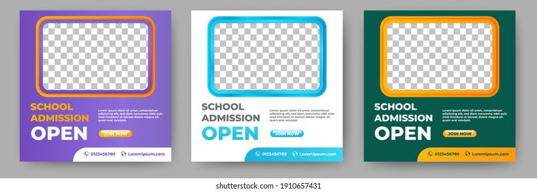 Set of Editable school admission promotion banner. Banner design with a green, white, and purple color background. Suitable for social media, banners, and web internet ads.