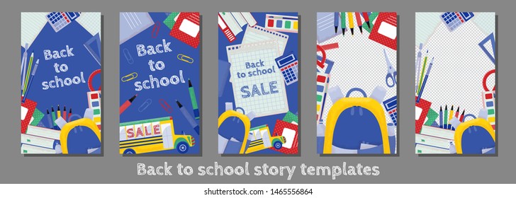 Set of editable School story templates for social networks. Vector design backgrounds in flat style.