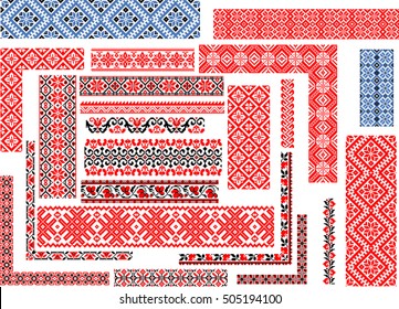 Set of editable seamless ethnic patterns for embroidery stitch in red and black. Corners, borders, frames.