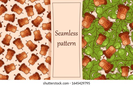 Set editable seamless patterns with acorns and oak foliage. Autumn seasonal holiday backgrounds.