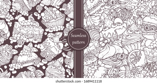 Set editable seamless patterns with collection of  berry cakes, cupcake, muffins and desserts. Hand-drawn background in vintage style for menu, cards, banners, pastry-shop, cafe and coffee house.