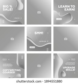 Set Of Editable Silver Fluid Square Banner Template. Social Media, Internet Ads, Sale Marketing Promo. Vector 10 EPS.