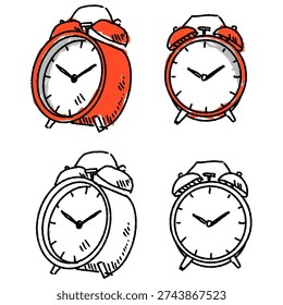 Set editable sketch drawing alarm clock vector for productivity blogs. Ideal for symbolizing rough time management, morning routines, and urgent sketchy deadline concepts.