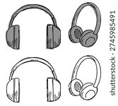 Set editable sketch drawing headphone vector for music blogs. Ideal for symbolizing sketchy audio equipment, rough podcast concepts, and hand drawn listening.