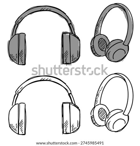 Set editable sketch drawing headphone vector for music blogs. Ideal for symbolizing sketchy audio equipment, rough podcast concepts, and hand drawn listening.