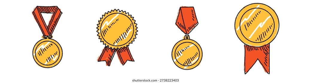 Set editable sketch drawing medal icon vector for casual awards. Ideal for educational certificates, creative projects, and informal honors. Symbolizes achievement, effort, and personalized success.