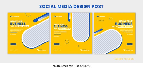 Set Of Editable Social Media Instagram Design Template In Combine Yellow And Blue Color. Suitable For Post, Promotion Your Business, Company, Ads, Advertisement, Banner, Education, School, ETC