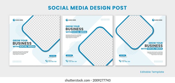 Set Of Editable Social Media Instagram Design Post With Rounded Rectangle And Blue Theme. Suitable For Sale Banner, Post, Ads Advertising, Promotion Product, Business, Company, Fashion, School, Travel