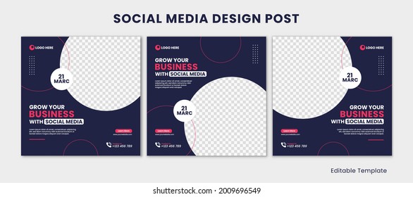 Set Of Editable Social Media Instagram Post Design Template With Rounded Shape And Navy Pink Color Theme. Suitable For Poster, Sale Banner, Ads, Advertisement, Promotion, Business, Company, Corporate