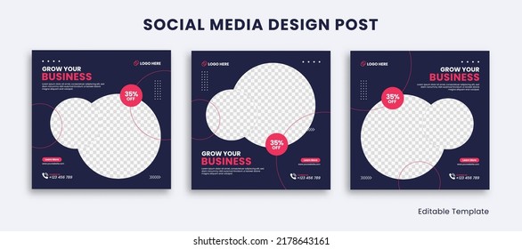 Set Of Editable Social Media Instagram Design Post Template With Rounded Shape And Navy Pink Color Theme. Suitable For Poster, Sale Banner, Ads, Advertisement, Promotion, Business, School, Education, 