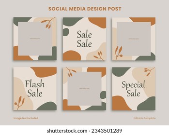 Conjunto de plantilla de publicación de diseño de medios sociales editable decorada con objeto verde anaranjado y floral. Adecuado Para Publicidad, Promoción, Presentación, Moda De Productos De Marca, Belleza