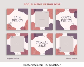 Set of Editable Social Media Instagram Design Post Decorated with Lilac Blob and Floral Object. Suitable for Advertising, Promotion, Presentation, Branding Product Fashion, Beauty, Cosmetic, Bakery