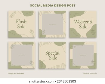 Set of Editable Social Media Instagram Design Post Template Decorated with Frame Green Blob Floral Object Background. Suitable for Advertising, Promotion, Branding Product Beauty, Cosmetic, Makeup