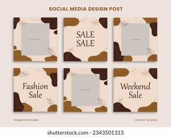 Set of Editable Social Media Instagram Design Post Decorated with Brown Blob and Botanical Object. Suitable for Advertising, Branding, Promotion, Product Fashion, Beauty, Food, Coffee, ETC