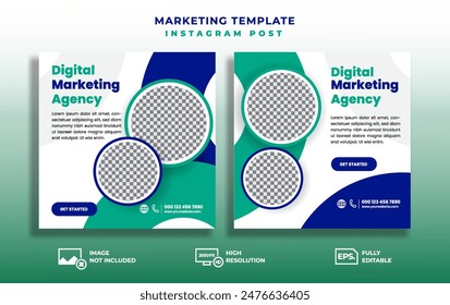 Set of Editable Social Media marketing template with minimal square banner. Blue and Green element with white background color. Suitable for social media post and internet marketing ads.