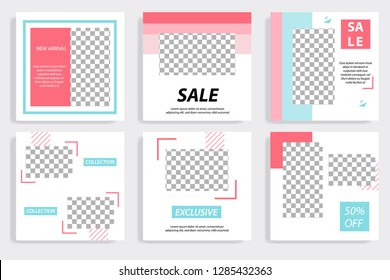 Set of editable social media post template in white, red, pink, turquoise blue background. Using Memphis triangle square pattern
