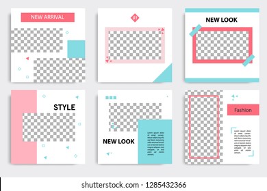 Set of editable social media post template in white, red, pink, turquoise blue background. Using Memphis triangle square pattern Set of editable social media post template in white, red, pink, turquoise blue background. Using Memphis triangle square pattern