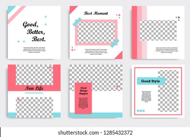 Set of editable social media post template in white, red, pink, turquoise blue background. Using Memphis triangle square pattern