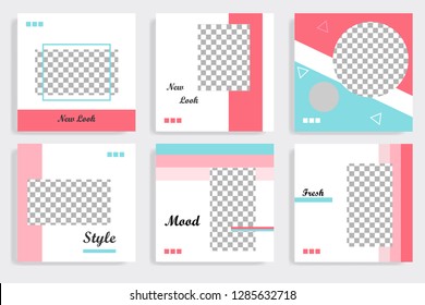 Set of editable social media post template in white, red, pink, turquoise blue background. Vector illustration. 