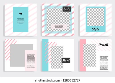 Set of editable social media post template in white, red, pink, turquoise blue background. Vector illustration. 