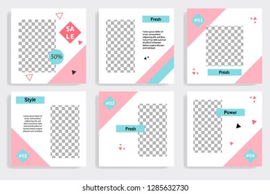 Set of editable social media post template in white, red, pink, turquoise blue background. Vector illustration. 