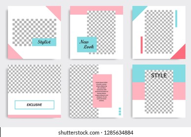 Set of editable social media post template in white, red, pink, turquoise blue background. Vector.